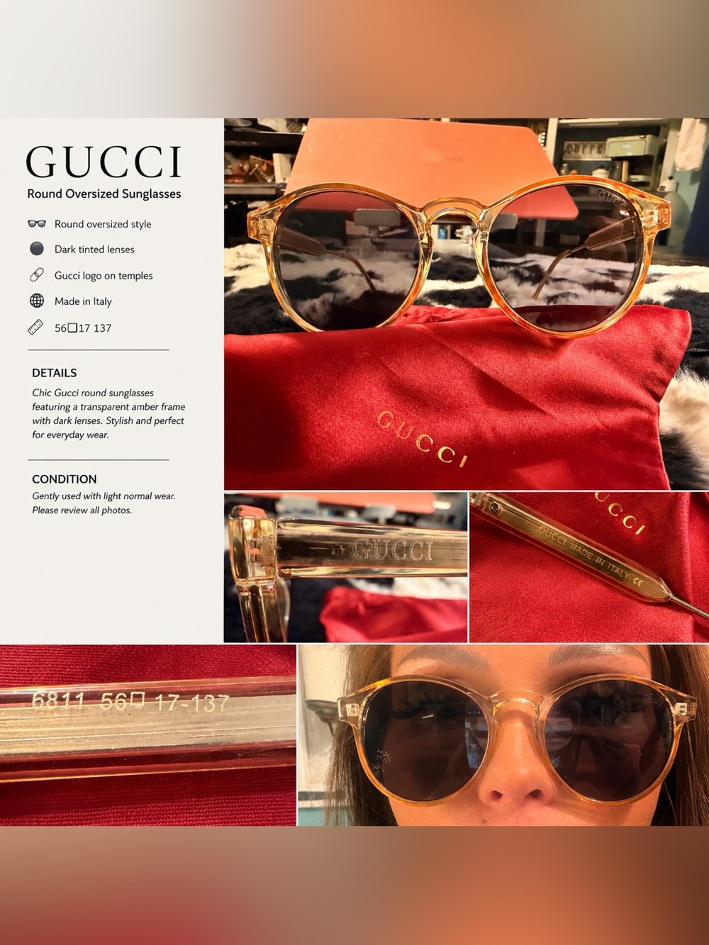 Gucci Transparent Amber Round Sunglasses with Brown Tinted Lenses
